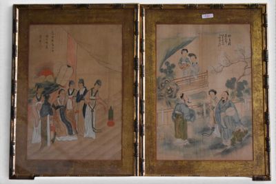 deux tableaux représentant des femmes asiatiques et un homme avec des parapluies, accrochés au mur