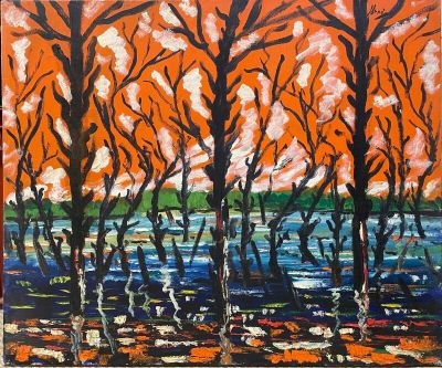 a painting of a painting of trees with orange sky in the background