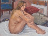 une peinture représentant une femme nue assise sur un lit