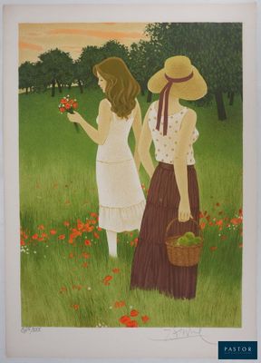 painting of two women in a field of flowers with a basket of flowers