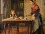 painting of a woman and child sitting at a table with bread