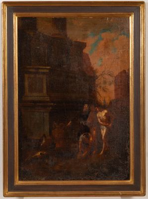 an oil painting of a man and a dog in a courtyard