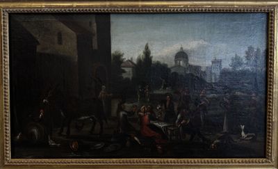 painting of a painting of a group of people outside a building