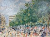 a painting of a busy city street with people sitting at tables