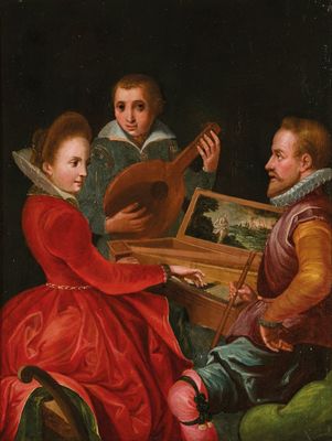 une image représentant un tableau où l'on voit un groupe de personnes jouant d'instruments de musique