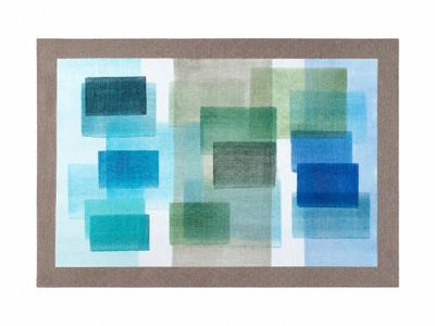 a painting of blue and green squares on a white background
