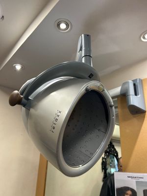une pomme de douche argentée suspendue au plafond dans une salle de bains