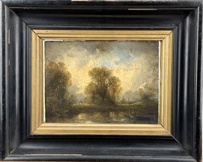 a painting of a landscape with trees and a river in the foreground