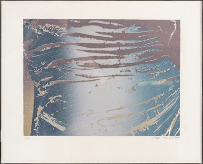 framed photograph of a blue and brown abstract painting with a white border