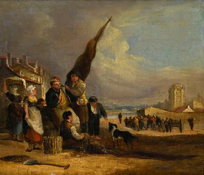 une image d'un tableau représentant un groupe de personnes sur une plage
