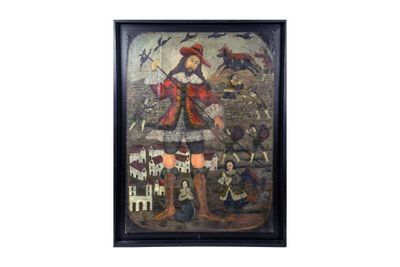 tableau représentant un homme vêtu d'un manteau et d'un chapeau rouges, tenant une épée