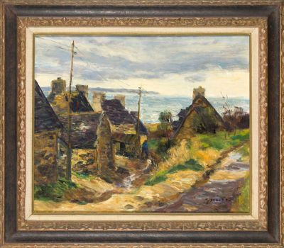 un tableau représentant un village au bord de la mer, avec une personne qui marche sur la route