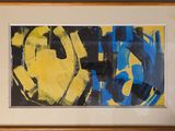 tableau représentant une peinture abstraite jaune et bleue, dans un cadre en bois
