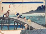 a painting of people walking across a bridge over a river
