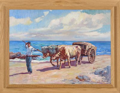 a painting of a man standing next to two cows on the beach