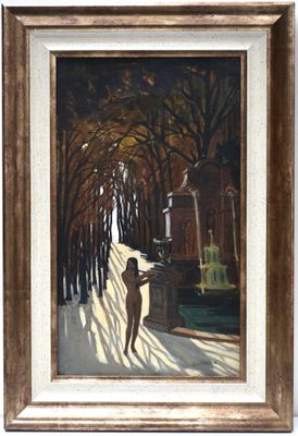 an image of a painting of a woman walking down a street