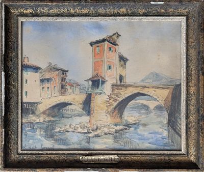 an oil painting of a bridge over a river with a clock tower in the background