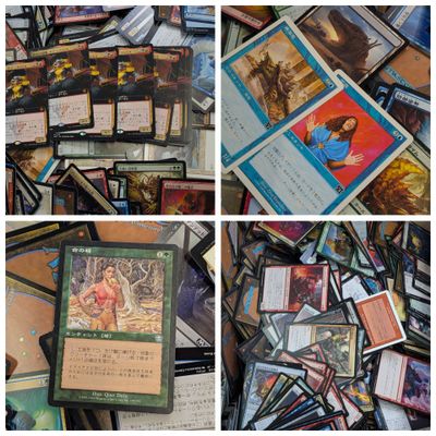 several different pictures of a bunch of cards on a table