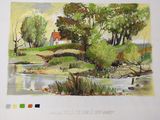 a picture of a watercolor painting of a house by the river