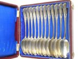 silver spoons in a case with a blue background