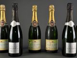 six bottles of champagne lined up in a row on a table