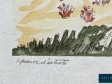 a drawing of a man riding a horse in the field