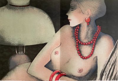 a painting of a woman sitting on a chair with a lamp in the background