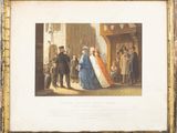 an old painting of a man and woman standing in front of a crowd of people