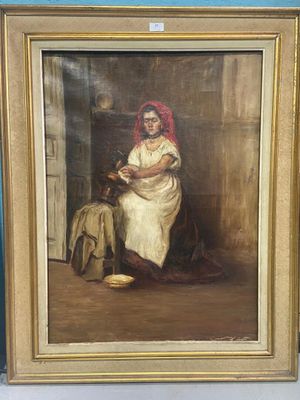 tableau représentant une femme coiffée d'une coiffe rouge, assise devant une porte