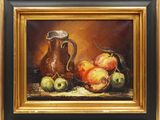une peinture à l'huile représentant des pommes et un pichet posés sur une table