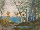 un tableau représentant un ruisseau traversant une zone boisée