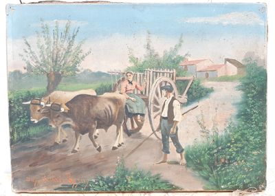 un tableau représentant un homme avec une charrette et une vache