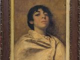 portrait of a woman in a white shawl by a red wall
