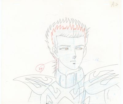 drawing of a male anime character with red hair and blue eyes