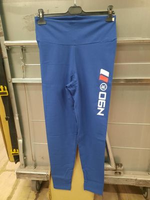 the leggings are blue with a red, white and blue logo on it