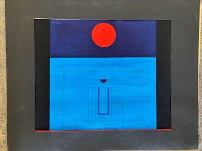 une image représentant un tableau où l'on voit un soleil rouge au-dessus d'un océan bleu