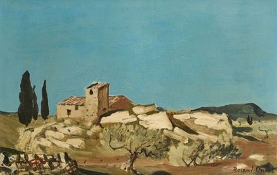 painting of a landscape with a house and a horse drawn carriage