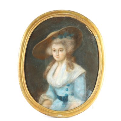 portrait d'une dame vêtue d'une robe bleue et coiffée d'un grand chapeau