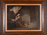 an old painting of a man reading a book in a cave