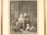 an old picture of two children and a dog sitting on a chair