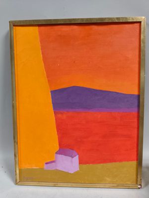 two framed paintings of orange, purple, and yellow on a white background
