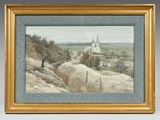an oil painting of a view of a castle on a hill