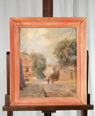 une peinture à l'huile représentant une scène de rue avec une personne marchant dans la rue