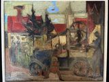an oil painting of a man standing in front of a truck