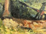 an oil painting of a windmill in a field with trees in the background