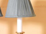 pair of brass table lamps with plea lampshads on them
