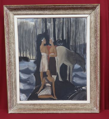 tableau représentant un homme et une femme debout devant un cheval blanc