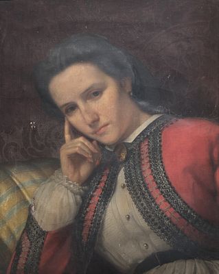 tableau représentant une femme en robe rouge assise sur un canapé