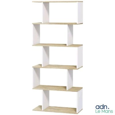 a close up of a white book shelf with four shelves