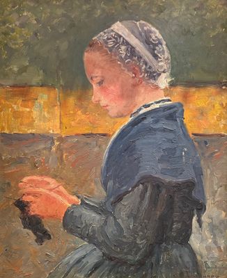 Ecole française de la fin du XIXe siècle Bretonne au tricot - Photo 1